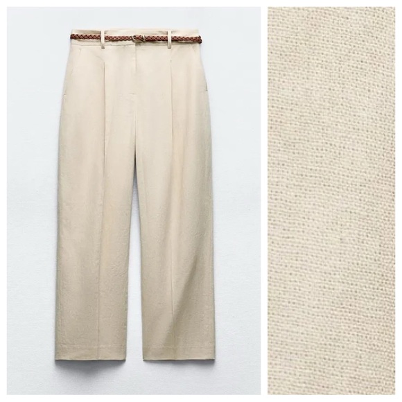 NWT. Zara Beige Linen Blend Belted Straight Leg Braided Belt Pants. Size S. - Picture 6 of 12